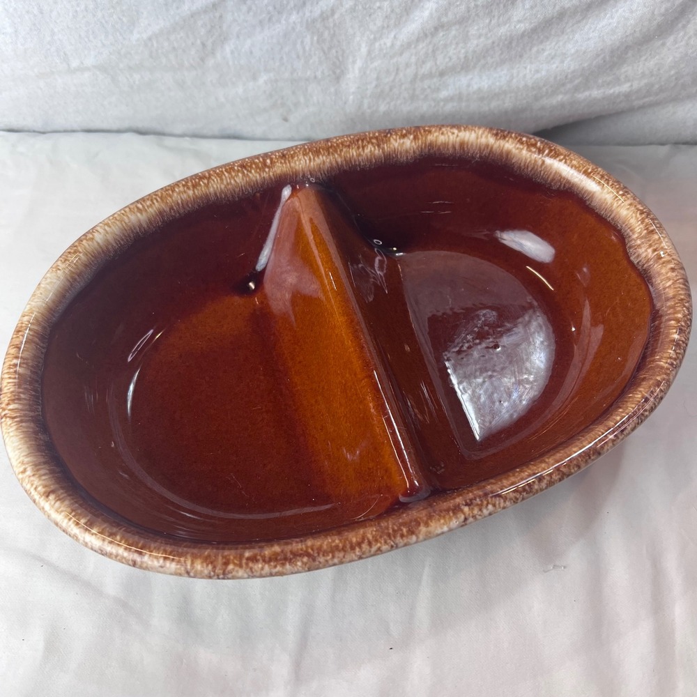 Hull Pottery Brown Drip Glaze Divided Serving Dish Oven Proof USA 10.5 Inch Oval